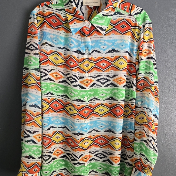 Jones New York Southwestern Aztec Print Roll Tab Sleeve Sheer Blouse 1X - Picture 5 of 6